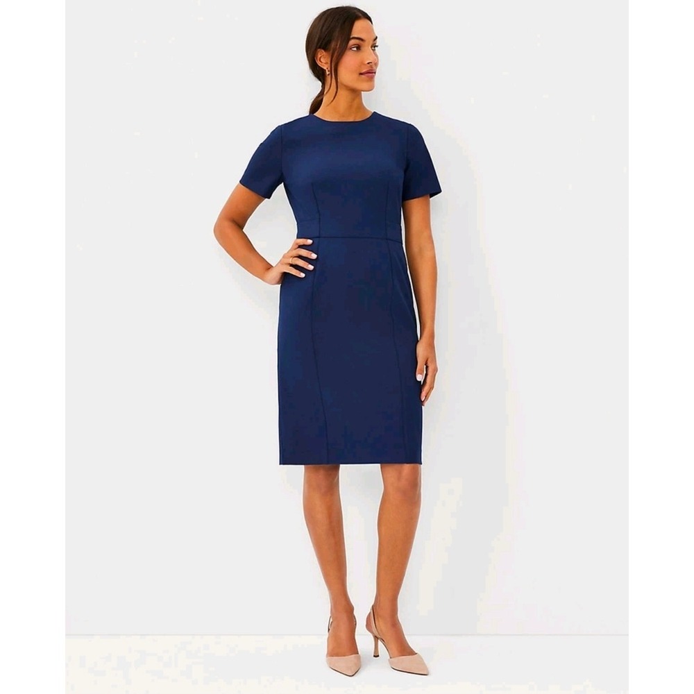 Ann Taylor Dress 12 Petite Navy Blue Curvy Sheath Short Sleeve Careerwear